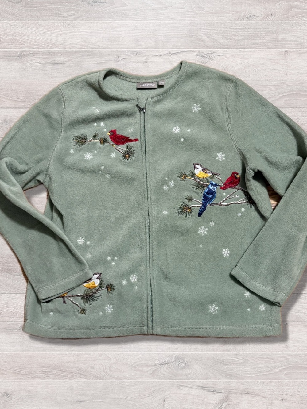 Vintage Croft & Barrow Full Zip Green Fleece Birds Cardinals Cardigan Sweater L